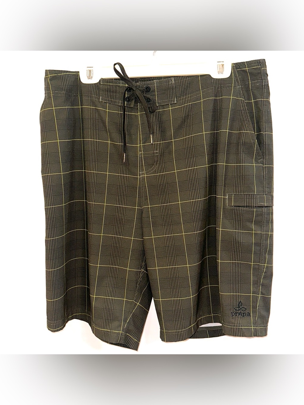Prana Olive Green Plaid Swim Board Shorts 10” Inseam Size 38 With Pockets